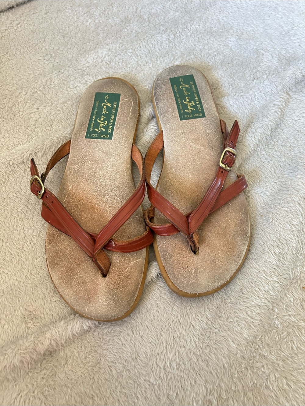 Made in Italy Leather Thong Sandals in Rustic Brown with gold buckle - Womens 6